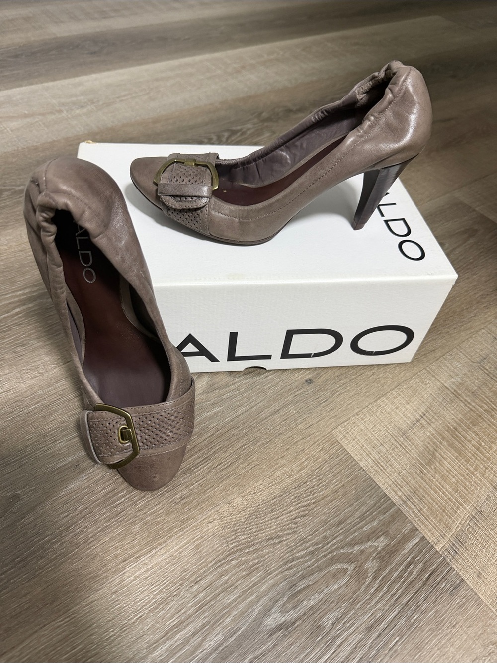 ALDO Taupe Leather Pointed-Toe Heels with Buckle